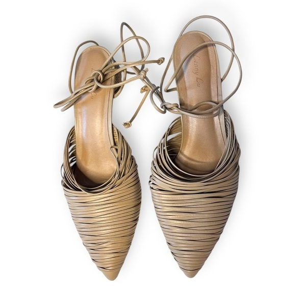 Lenny Lu Miranda Moroccan Leather Tan Cocoon Slip On Mules W/ basket heels - Picture 2 of 9